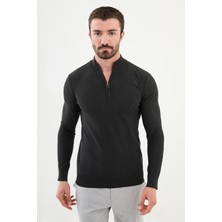 Dokulu Antrasit Slim Fit Fermuarlı Yarım Balıkçı Yaka Erkek Triko Kazak