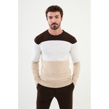 Parçalı Bej Slim Fit Bisiklet Yaka Erkek Triko Kazak