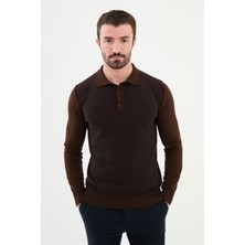 Desenli Kahverengi Slim Fit Polo Yaka Erkek Triko Kazak