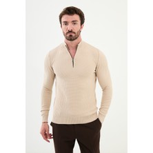 Dokulu Bej Slim Fit Fermuarlı Yarım Balıkçı Yaka Erkek Triko Kazak