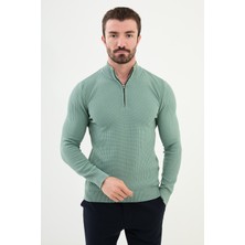 Dokulu Açık Yeşil Slim Fit Fermuarlı Yarım Balıkçı Yaka Erkek Triko Kazak
