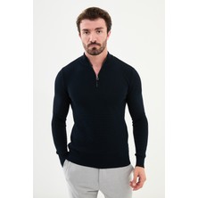 Dokulu Lacivert Slim Fit Fermuarlı Yarım Balıkçı Yaka Erkek Triko Kazak