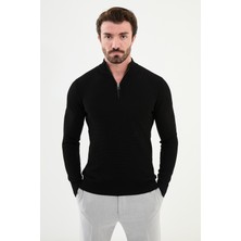 Dokulu Siyah Slim Fit Fermuarlı Yarım Balıkçı Yaka Erkek Triko Kazak