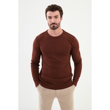 Desenli Kiremit Rengi Slim Fit Bisiklet Yaka Erkek Triko Kazak