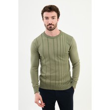 Çizgili Haki Slim Fit Bisiklet Yaka Erkek Triko Kazak