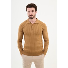 Çizgili Kamel Rengi Slim Fit Polo Yaka Erkek Triko Kazak