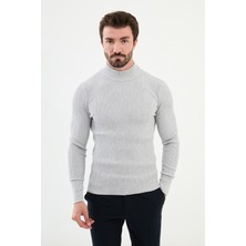 Çizgili Açık Gri Slim Fit Yarım Balıkçı Yaka Erkek Triko Kazak