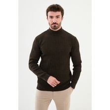 Desenli Kahverengi Slim Fit Yarım Balıkçı Yaka Erkek Triko Kazak