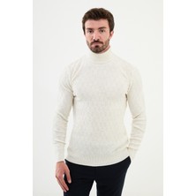 Desenli Ekru Slim Fit Tam Balıkçı Yaka Erkek Triko Kazak