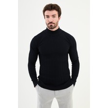 Çizgili Lacivert Slim Fit Yarım Balıkçı Yaka Erkek Triko Kazak