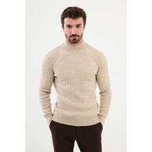 Desenli Bej Slim Fit Yarım Balıkçı Yaka Erkek Triko Kazak