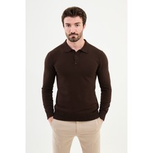 Düz Kahverengi Slim Fit Polo Yaka Erkek Triko Kazak