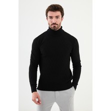 Desenli Siyah Slim Fit Tam Balıkçı Yaka Erkek Triko Kazak