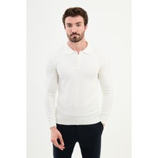 Düz Ekru Slim Fit Polo Yaka Erkek Triko Kazak