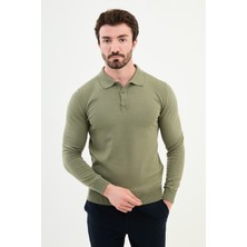 Düz Haki Slim Fit Polo Yaka Erkek Triko Kazak