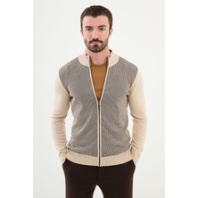 Desenli Bej Slim Fit Hakim Yaka Yün Erkek Hırka
