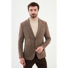 MCR Desenli Kahverengi Slim Fit Mono Yaka Klasik Yün Erkek Ceket