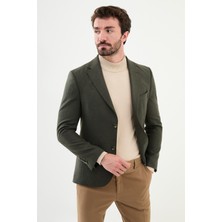 MCR Çizgili Haki Slim Fit Mono Yaka Klasik Yün Erkek Ceket