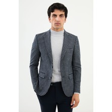 Desenli Lacivert Slim Fit Mono Yaka Yün Erkek Ceket