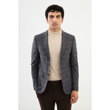 MCR Ekoseli Lacivert Kamel Slim Fit Mono Yaka Klasik Yün Erkek Ceket