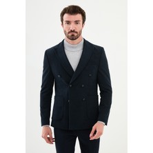 MCR Çizgili Lacivert Slim Fit Geniş Yaka Kruvaze Kadife Erkek Ceket