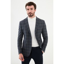 Ekoseli Lacivert Slim Fit Mono Yaka Klasik Erkek Ceket