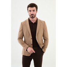 MCR Desenli Bej Slim Fit Mono Yaka Klasik Yün Erkek Ceket