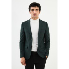 MCR Ekoseli Zümrüt Rengi Slim Fit Mono Yaka Klasik Yün Erkek Ceket