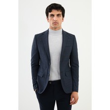 Ekoseli Lacivert Slim Fit Mono Yaka Klasik Yün Erkek Ceket