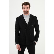 MCR Çizgili Siyah Slim Fit Geniş Yaka Kruvaze Kadife Erkek Ceket