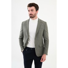 MCR Desenli Haki Slim Fit Mono Yaka Klasik Yün Erkek Ceket