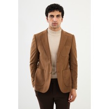 MCR Çizgili Kamel Slim Fit Torba Cep Mono Yaka Yün Erkek Ceket