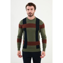 Desenli Haki Slim Fit Bisiklet Yaka Erkek Triko Kazak