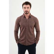 Çizgili Kamel Slim Fit Yün Erkek Gömlek