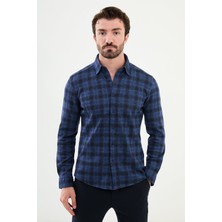 Kareli Saks Slim Fit Yün Erkek Gömlek