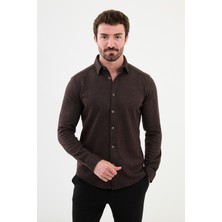Çizgili Kiremit Rengi Slim Fit Yün Erkek Gömlek