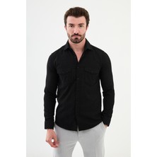 Çizgili Siyah Slim Fit Kadife Erkek Gömlek