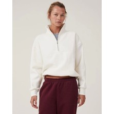 Defy Moda Oversize Yarım Farmuarlı Yakalı Basic Sweatshirt - Beyaz