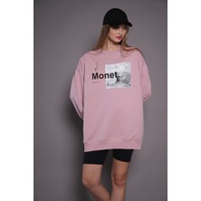 Kadın Oversize Baskılı Uzun Sweatshirt 24539 Gül Kurusu