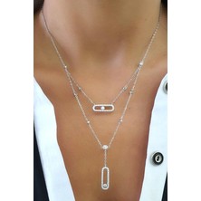 Ose Shop  Italyan Tasarımı 925AYAR Gümüş Trend Taşı Hareketli Ikili Trend Kolye