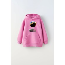 The Champ Clothing Kapüşonlu Içi Polar Burning World And Animals Baskılı Pembe  Çocuk Sweatshirt