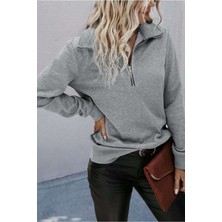 Simyon Styles Kadın Uzun Kol Dik Yaka Pamuklu Yarım Fermuar Casual Sweatshirt