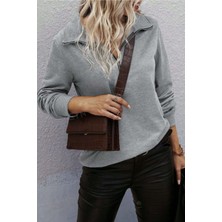 Simyon Styles Kadın Uzun Kol Dik Yaka Pamuklu Yarım Fermuar Casual Sweatshirt