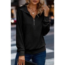 Simyon Styles Kadın Uzun Kol Dik Yaka Pamuklu Yarım Fermuar Casual Sweatshirt