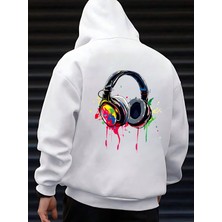 Beeton Kulaklık Tasarım 3 Iplik Kalın Kışlık Sweatshirt - Beyaz Baskılı Oversize Kapüşonlu Hoodie