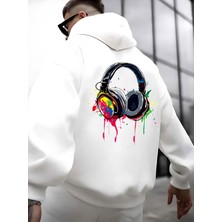 Beeton Kulaklık Tasarım 3 Iplik Kalın Kışlık Sweatshirt - Beyaz Baskılı Oversize Kapüşonlu Hoodie