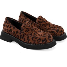 Desa Kadın Kahve Leopar Günlük Loafer Süet Deri Ayakkabı