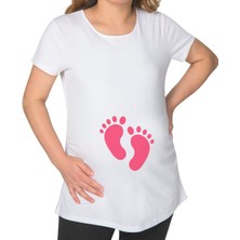 Bk Gift Kız Bebek Ayak Izi Tasarımlı Beyaz Hamile Tişört-1