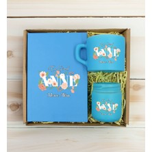 Bk Gift Kişiye Özel Isimli Dtf Anne Temalı Turkuaz Defter & Kahve Fincanı & Mum Hediye Seti-4, Anneye Hediye, Anneler Günü Hediyesi