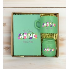 Bk Gift Kişiye Özel Isimli Dtf Anne Temalı Yeşil Defter & Kahve Fincanı & Mum Hediye Seti-3, Anneye Hediye, Anneler Günü Hediyesi